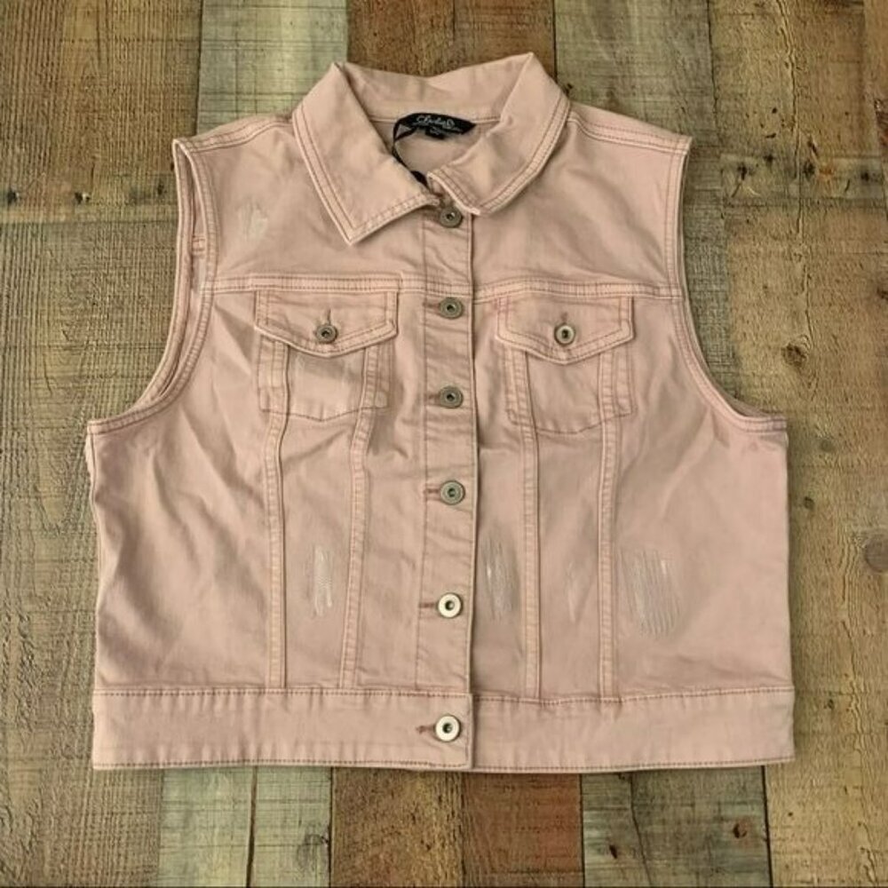 Charlie B collections distressed blush pink cropped denim vest with sequins - L